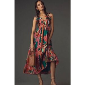 Anthropologie Farm Rio Pleated Palm Midi Dress Size S